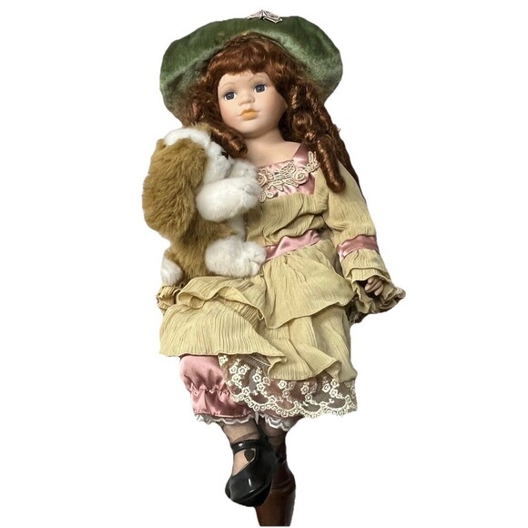 Christmas Around the World Porcelain Doll Victorian Girl Celine Shiloh Plush Dog - Picture 1 of 5